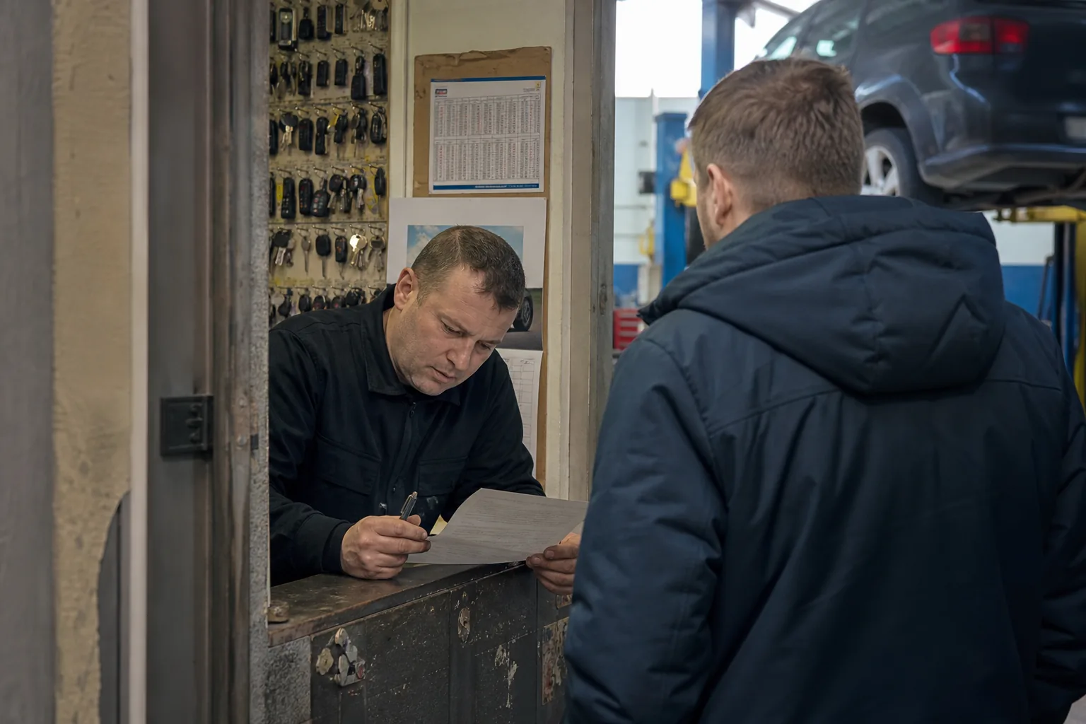 Właściciel warsztatu samochodowego przy ladzie przegląda wydruk zlecenia z klientem obok